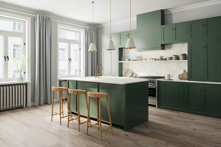 Deep forest green kitchen cabinets with smooth satin paint finish by a house painter in East Hampton, CT