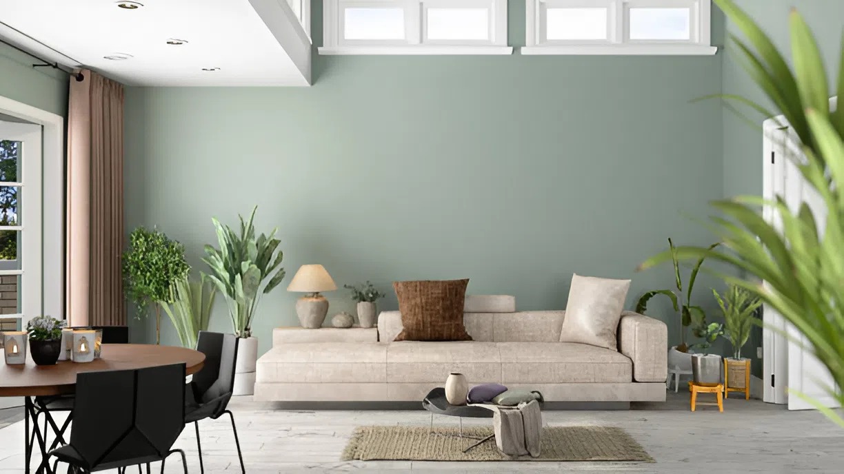 Living room interior with sage accent wall painted by a painter in East Hampton, CT